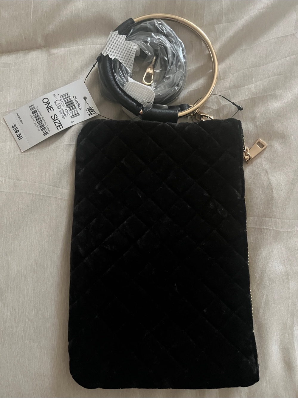 INC International Concepts Quilted Black Velvet Wristlet with Gold Ring